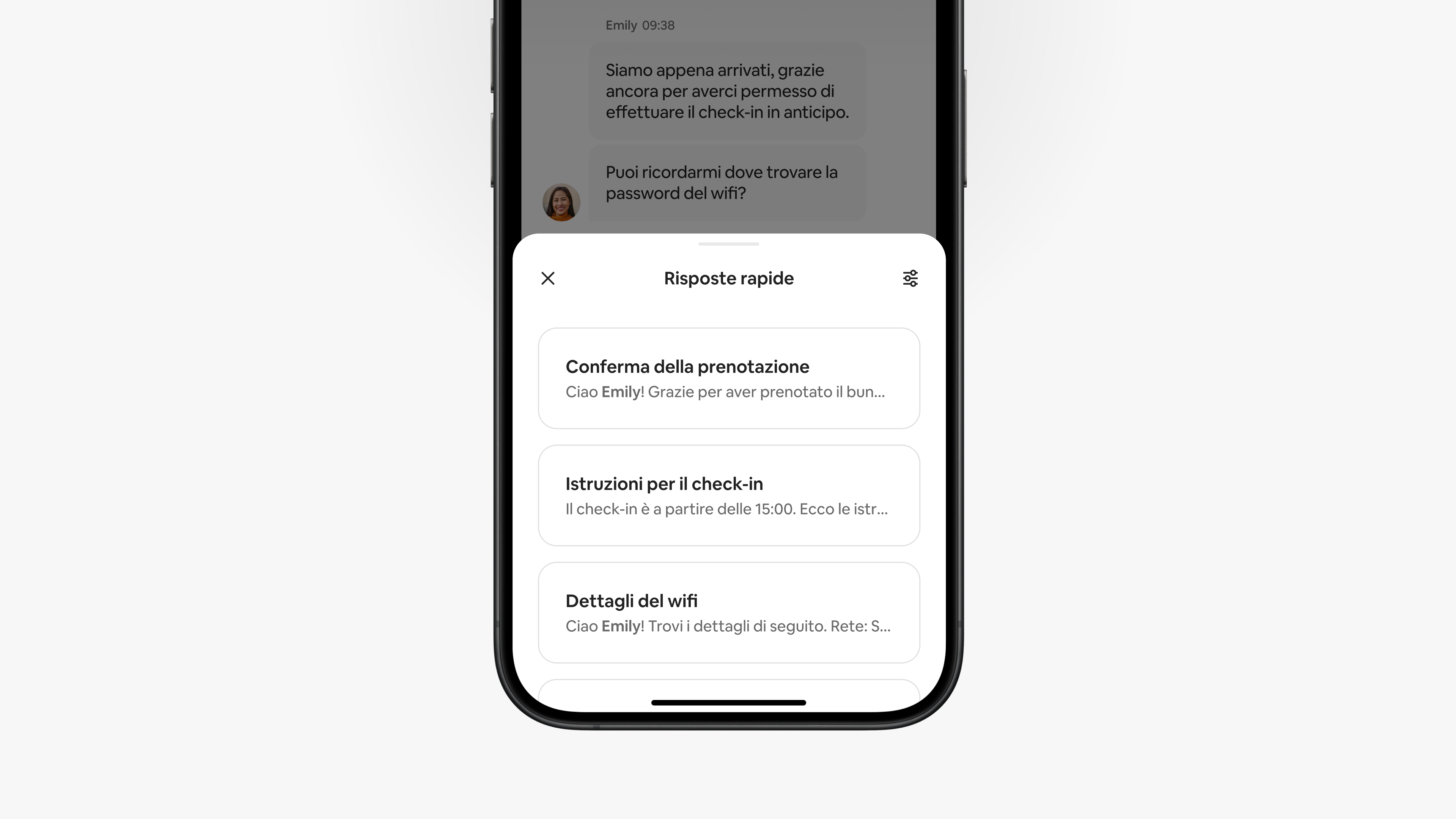 Una schermata nell'app di Airbnb mostra un menu di risposte rapide che un host può utilizzare per dare riscontro a un ospite durante una conversazione.