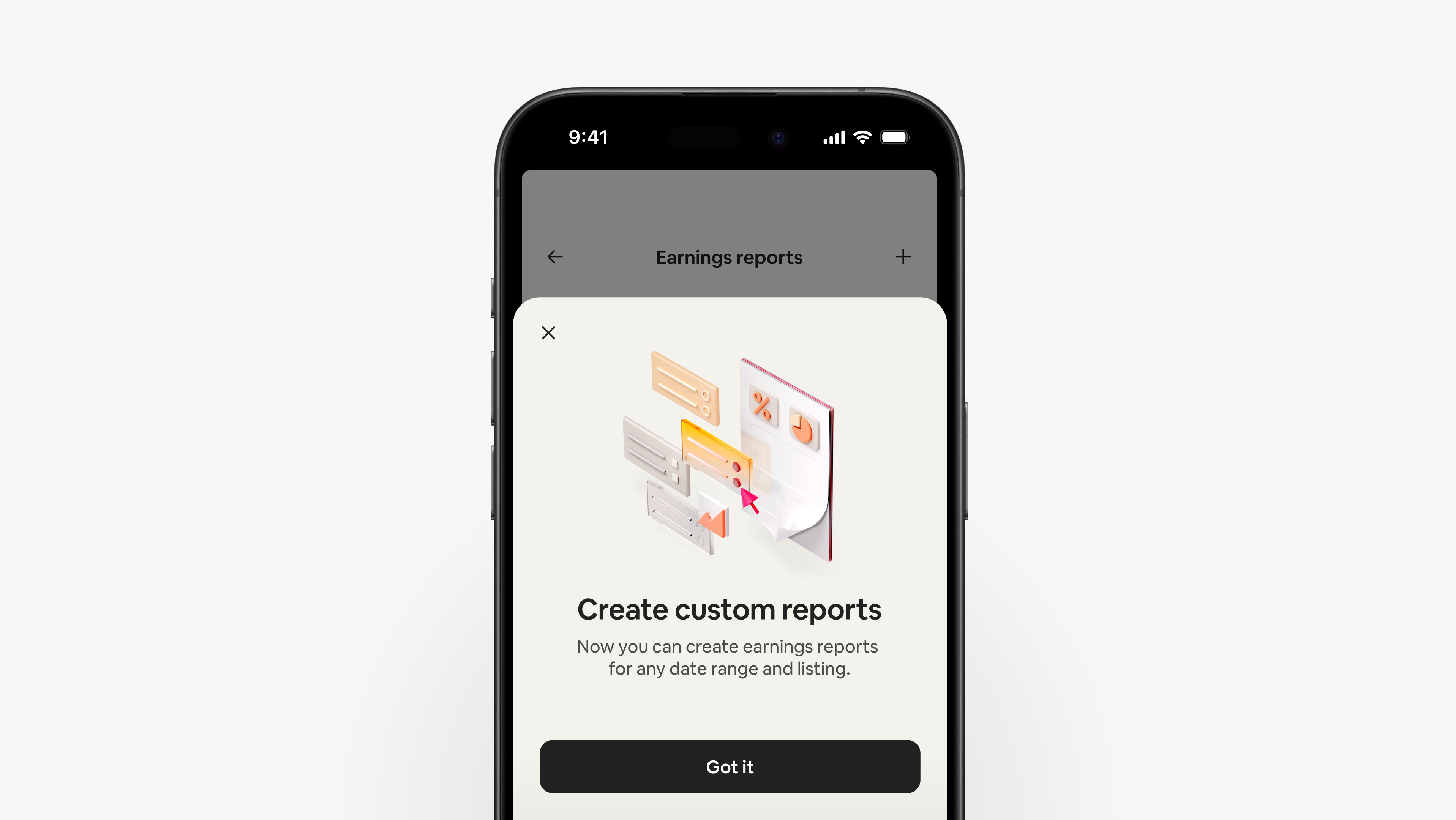 The Airbnb app shows a screen explaining that hosts can create custom earnings reports for any date range and listing.