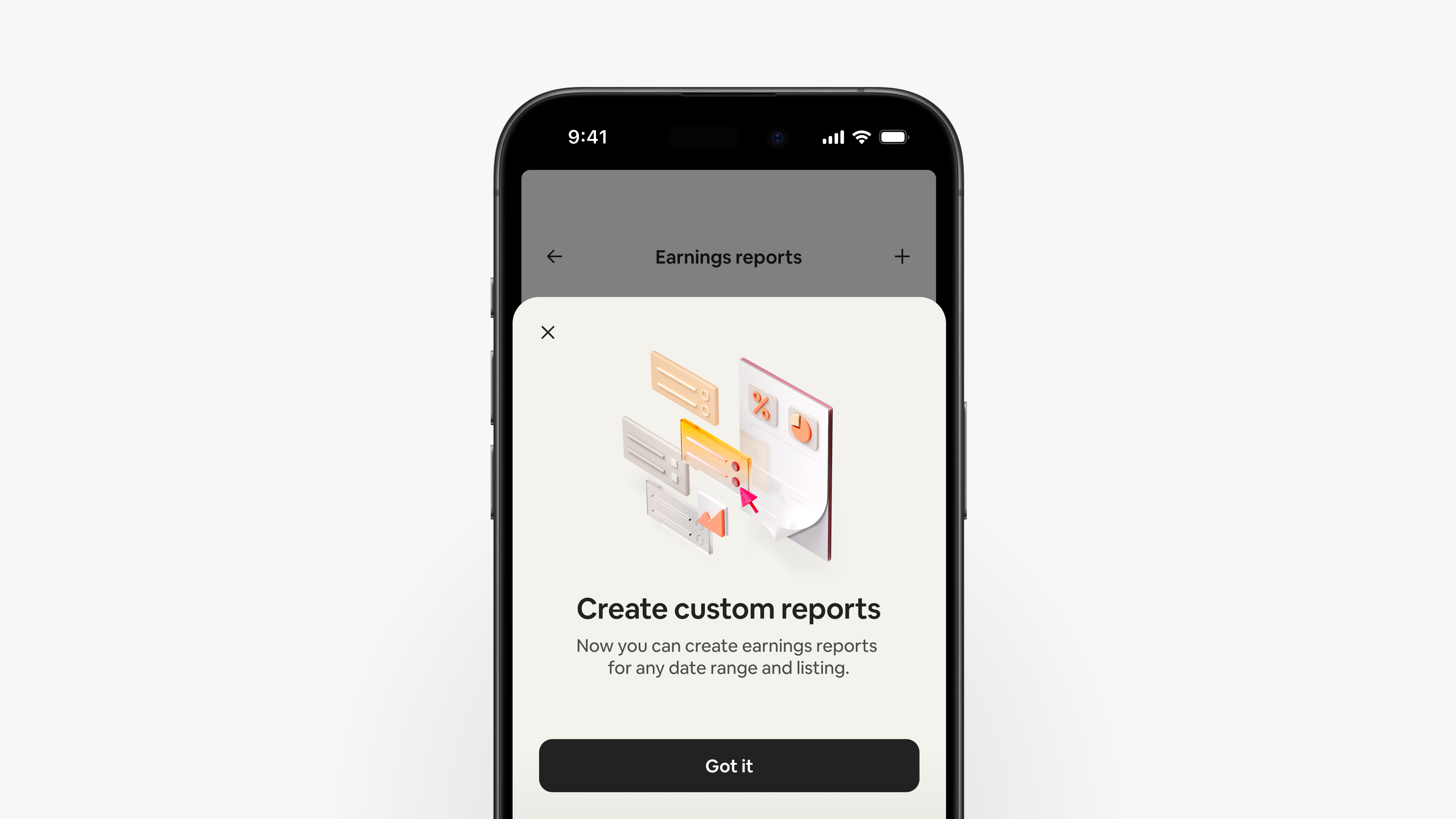 The Airbnb app shows a screen explaining that hosts can create custom earnings reports for any date range and listing.