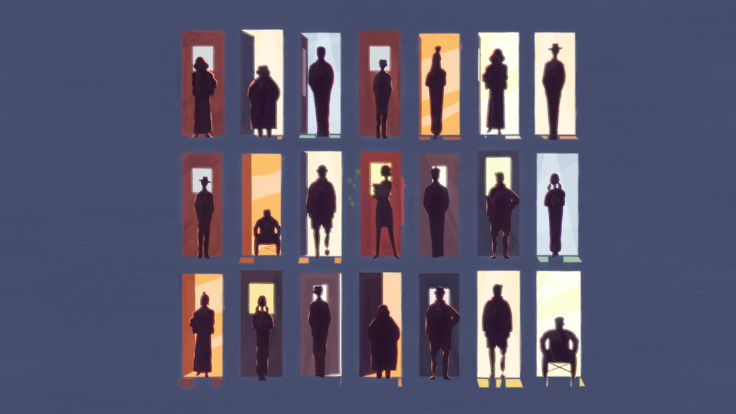 Ilustración de siluetas de personas de pie ante diferentes puertas.