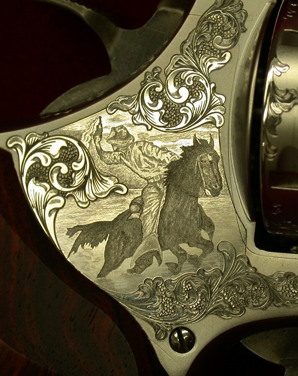 Revolver displaying man riding a horse using Bulino and Traditional Engraving