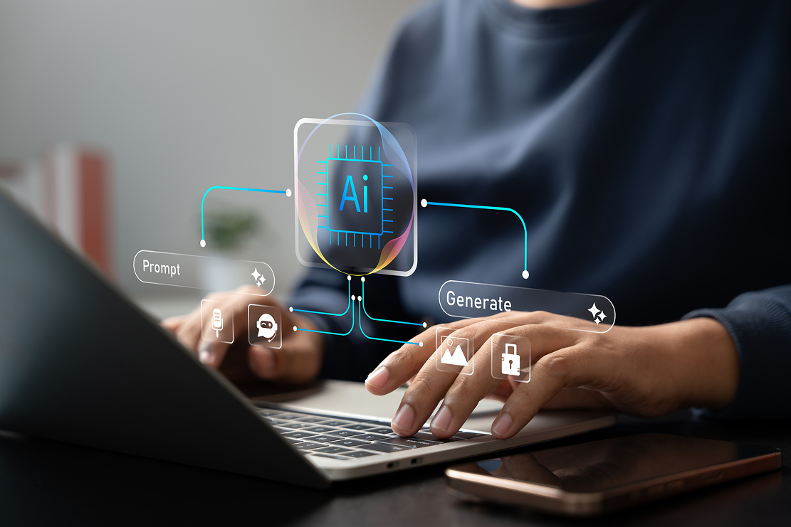 Typing hands with overlaid graphic showing connection between prompting, AI, and generating