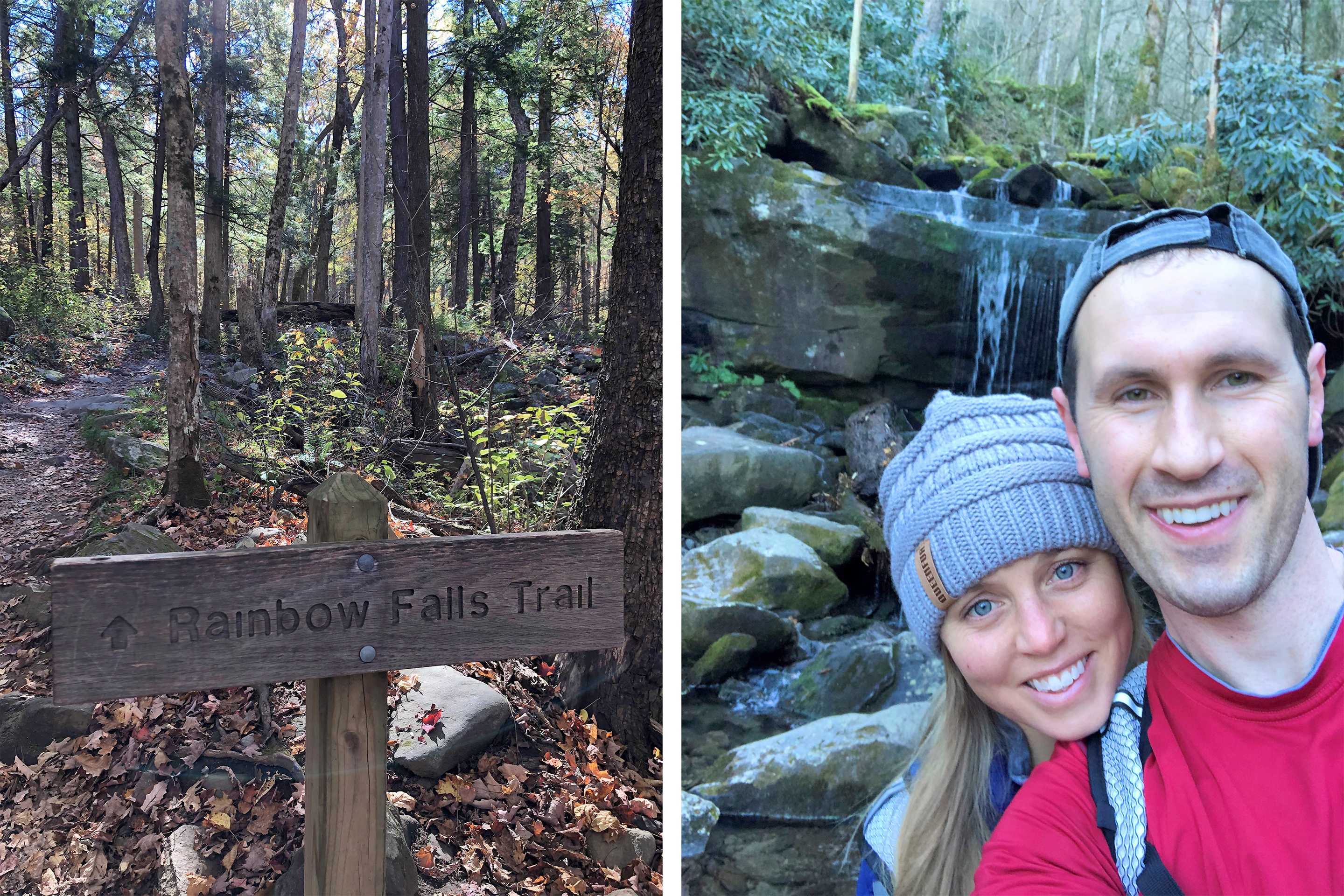 Left: A wooden sign that reads 'Rainbow Falls Trail' surrounded by a forest. Right: A blonde woman (left) wearing a grey beanie poses a man (right) wearing a grey baseball cap backwards and red t-shirt in front of a waterfall.