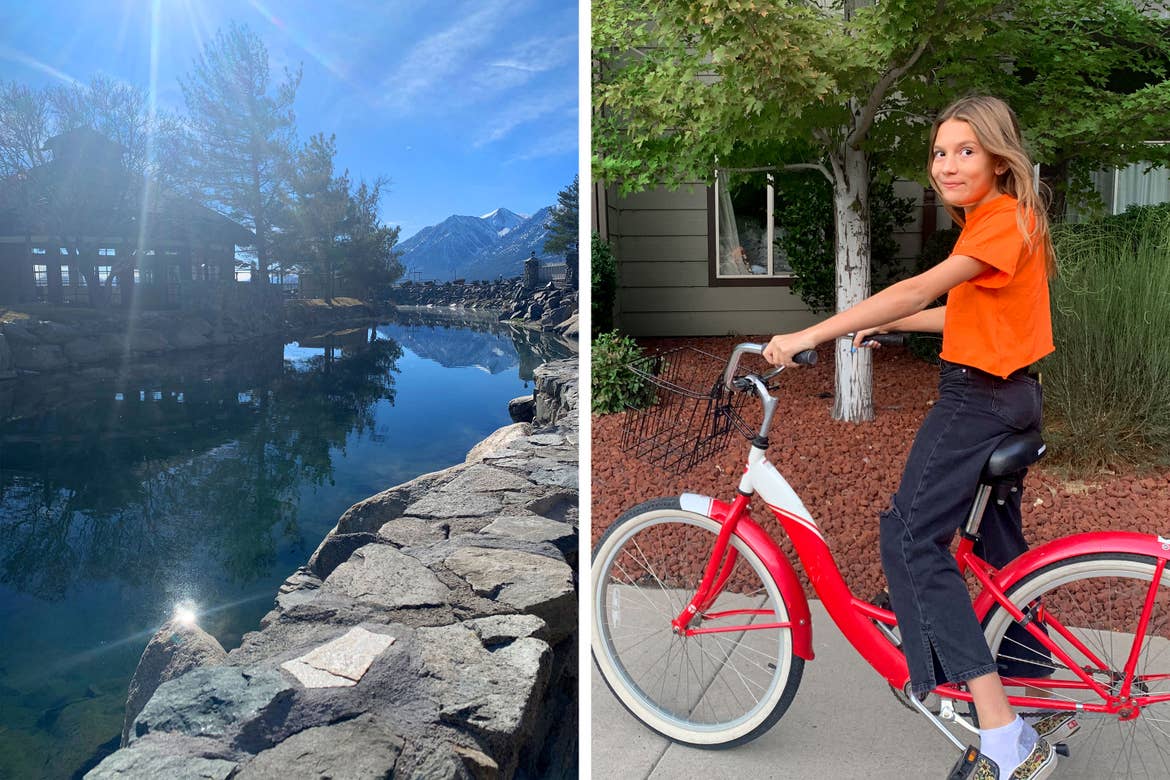 Left: View of the hot springs and mountain range near David Walley's Resort. Right: A girl wearing black pants and orange t-shirt sits on a red cruiser bicycle.