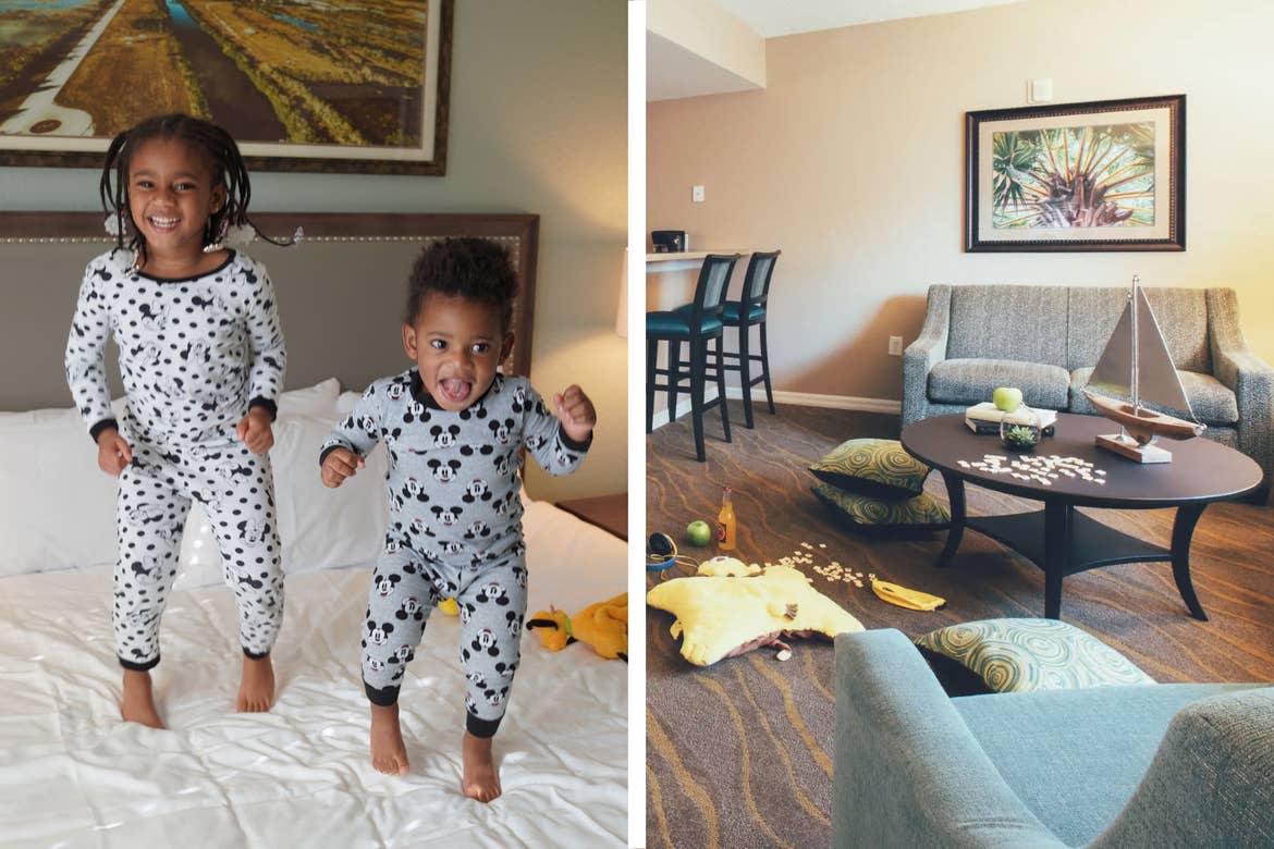 Left: Featured Contributor, Tina Meeks' daughter and son making jumping on the bed of their villa at our Orange Lake resort in Orlando, Florida. Right: Interior of East Village villa with gray couches, and children's toys on the floor.