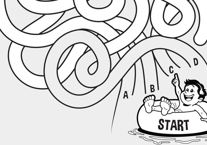 A child in an inner tube in the water pointing up towards a maze on an activity sheet