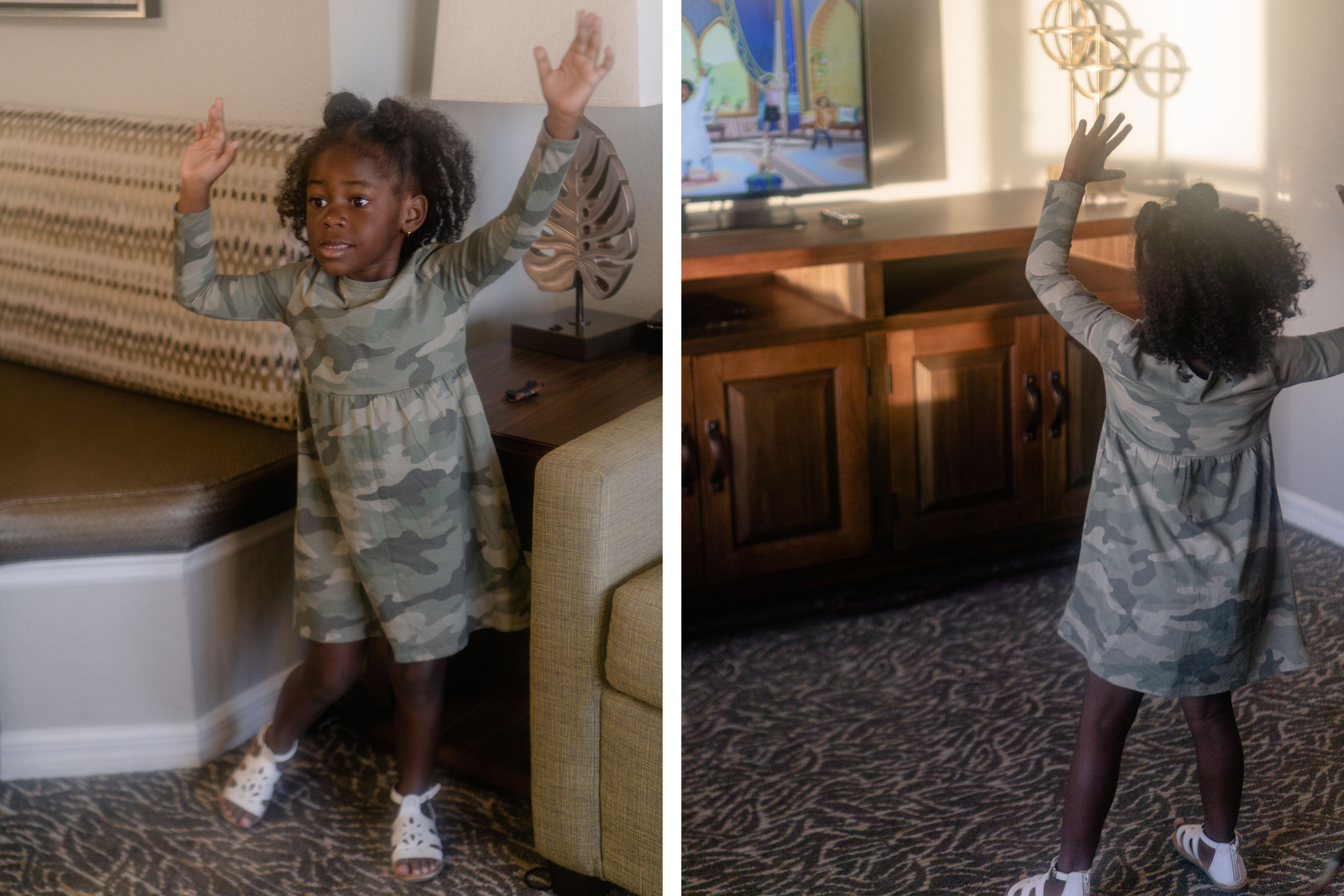 Left: Author, Kimberly Gelin's daughter, gets her 'wiggle' on. Right: Author, Kimberly Gelin's daughter, gets her 'wiggle' on in front of the tv at our Villa at Orange Lake Resort in Florida.