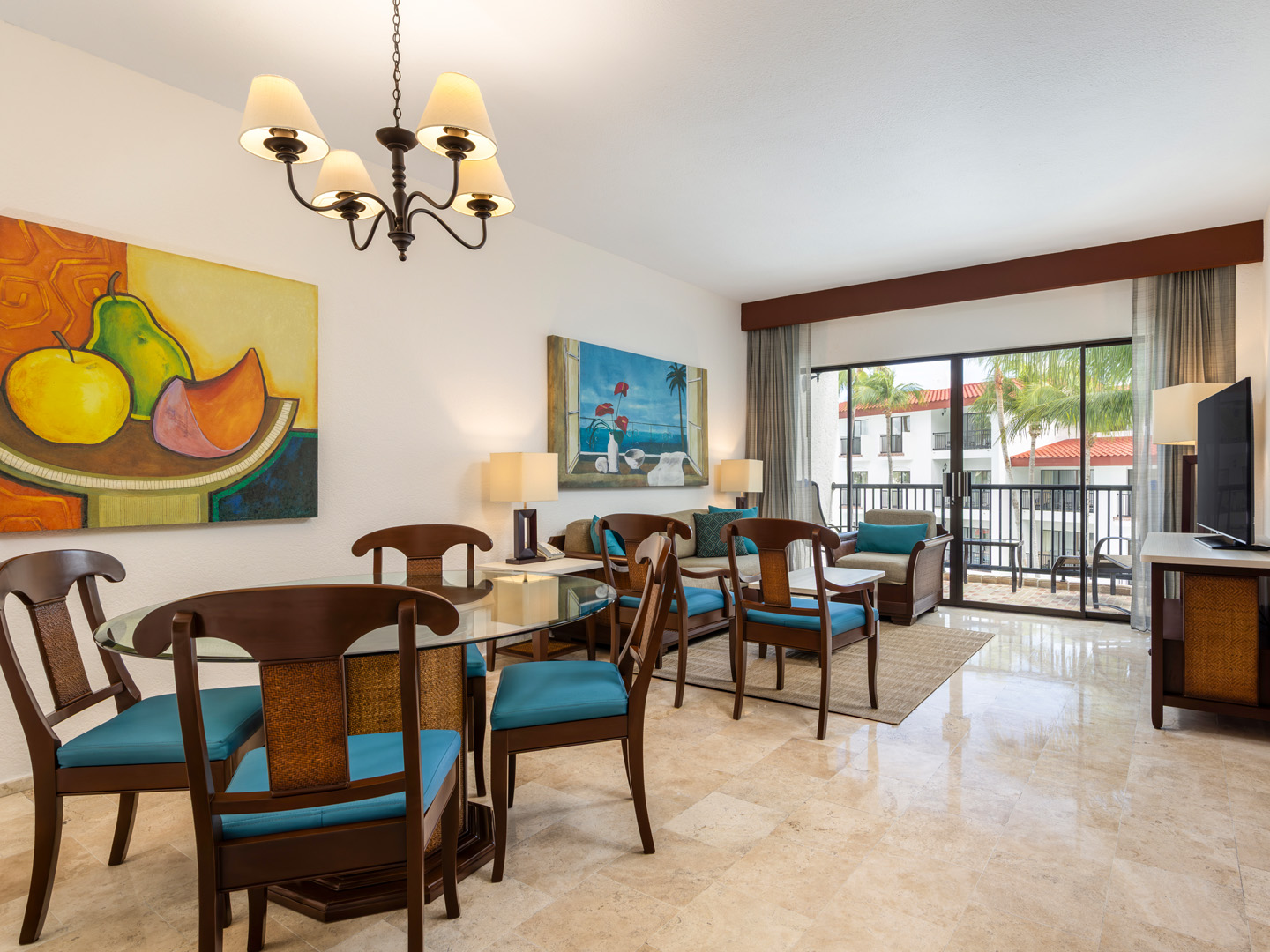 Two-bedroom garden-view villa with living room and dining area. 