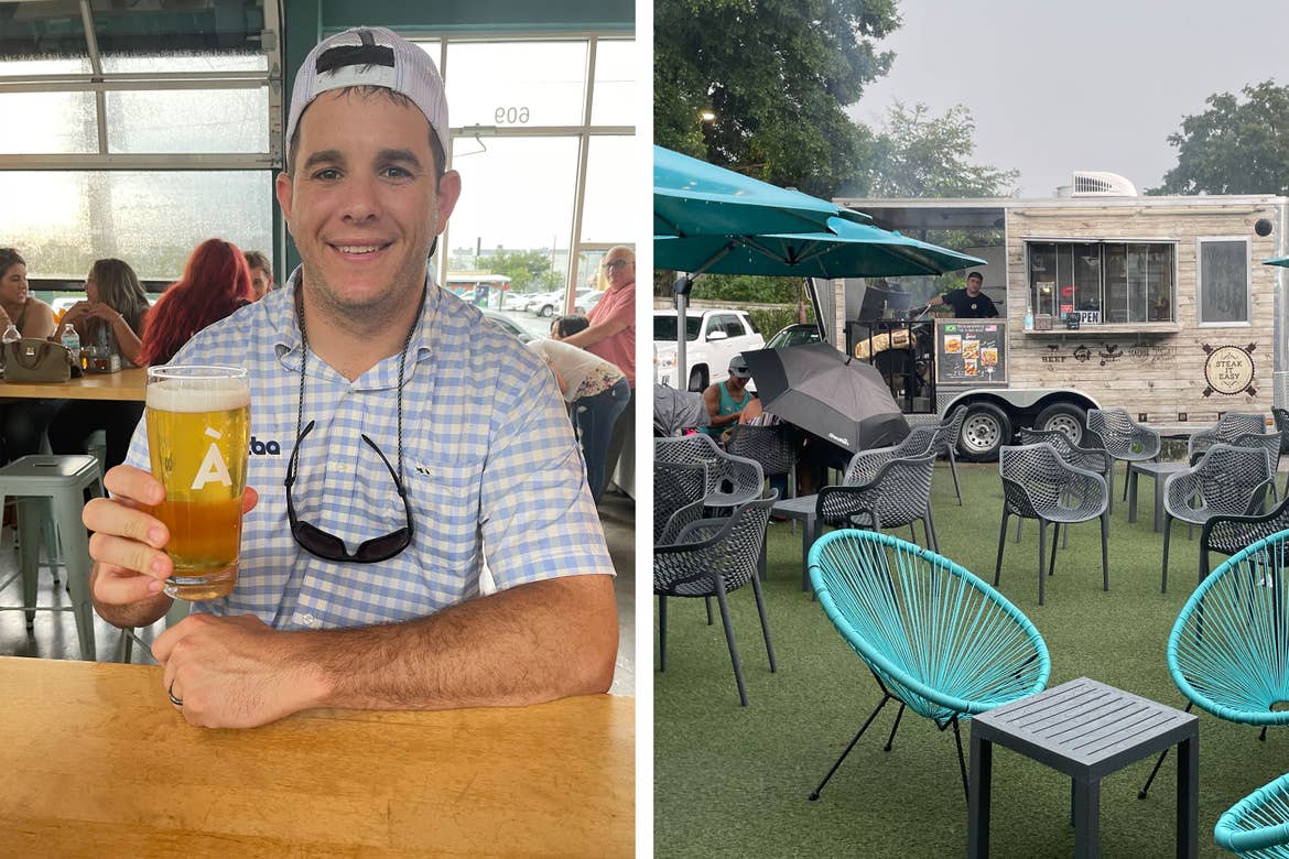 Left: A man wearing a backwards cap, button-down light patterned shirt and sunglasses holds a beer in glass at a bar top. Right: An outdoor dining area with a food service truck.