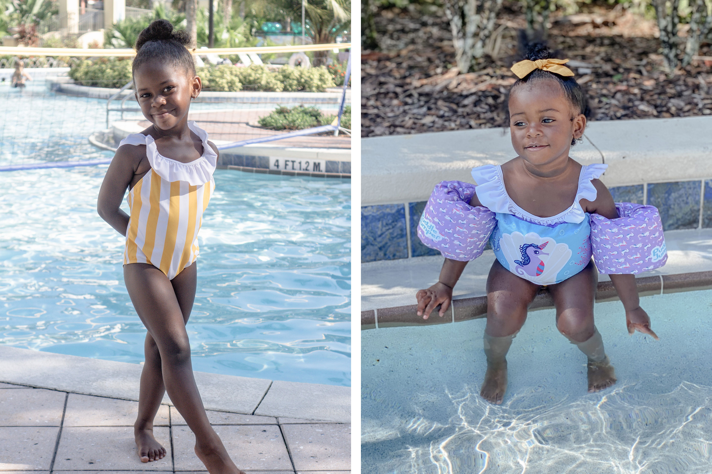 Left: Author, Kimberly Gelin's daughter, poses in a yellow swimsuit. Right: Author, Kimberly Gelin's daughter, wears her swimsuit and floaties in our pool at Orange Lake Resort in Florida.
