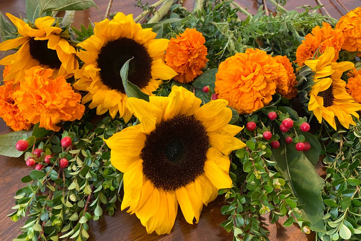 Seasonal floral arrangement featuring sunflowers, marigolds and holly branches are spread across a kitchen table top.