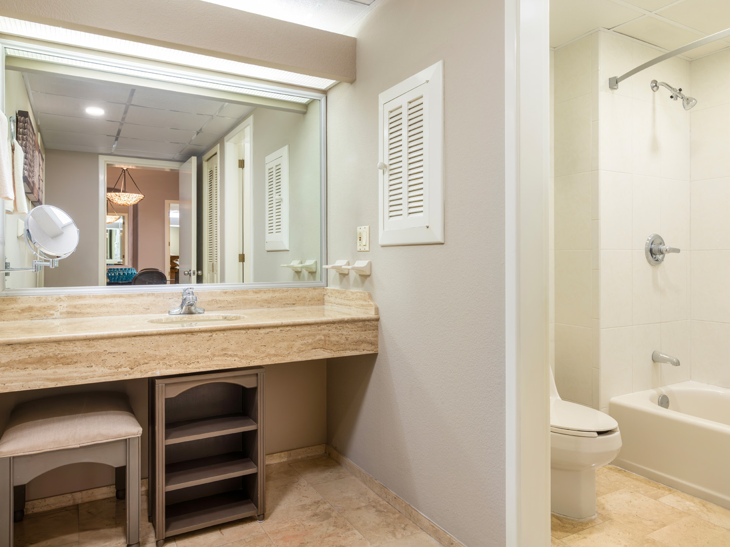 Spa-like bathroom with spacious vanity and tub-shower combo.