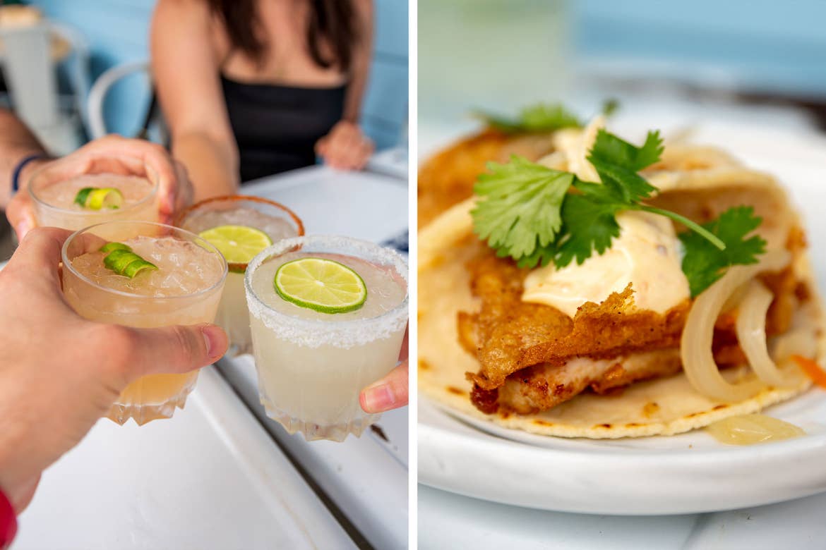 Left: Four guests hold up glass margaritas. Right: A plate containing a flour tortilla taco placed on a table.