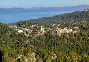 Aerial view of Tahoe Ridge Resort in the summer next to Lake Tahoe in Stateline, Nevada.
