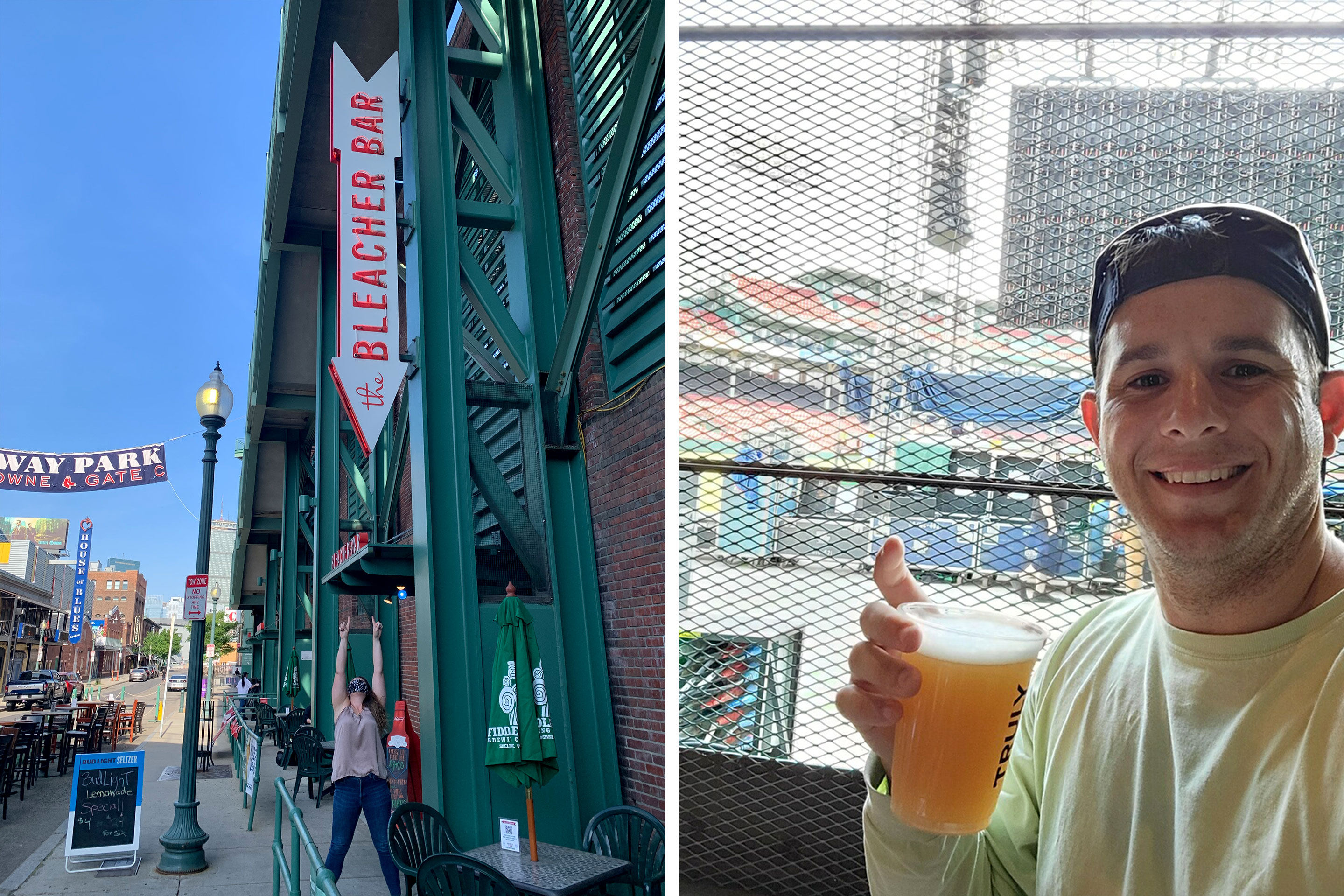 Left: A woman stands under a marquee outside Fenway Park. Right: A man holds a pint of beer near the bullpen at Fenway Park.
