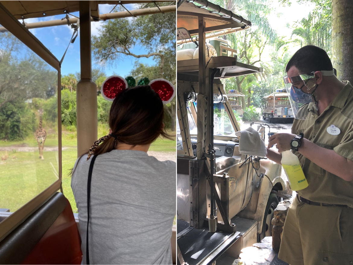 Left: Jenn C. Harmon rides the Kilimanjaro Safari separated from guests w/ plexiglass panels at Disney's Animal Kingdom Theme Park. Right: A Cast Member sanitizes touch points at Disney's Animal Kingdom Theme Park at Walt Disney World® Resort.