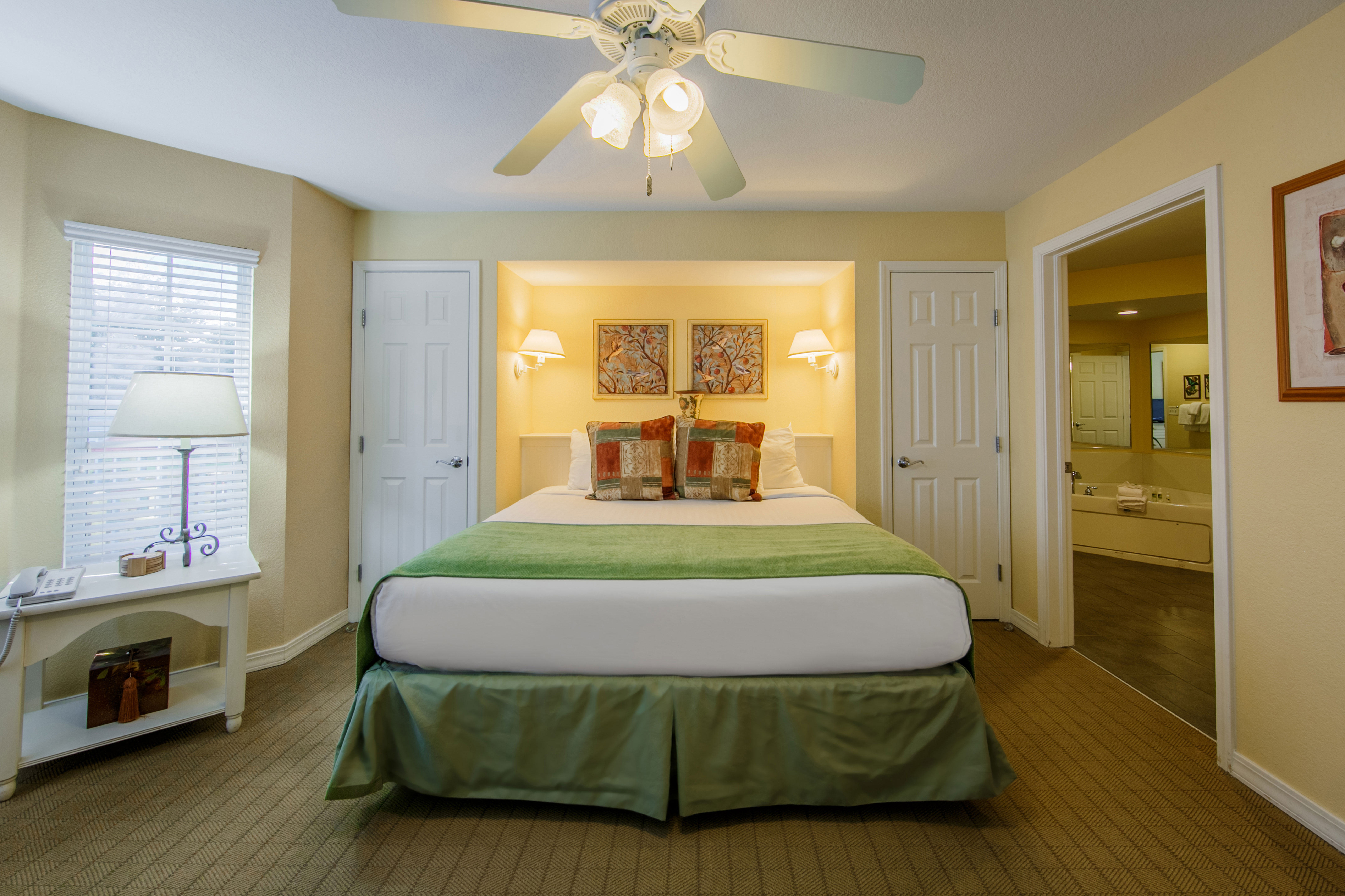 Bedroom with two closets in a two-bedroom presidential villa at the Hill Country Resort in Canyon Lake, Texas.