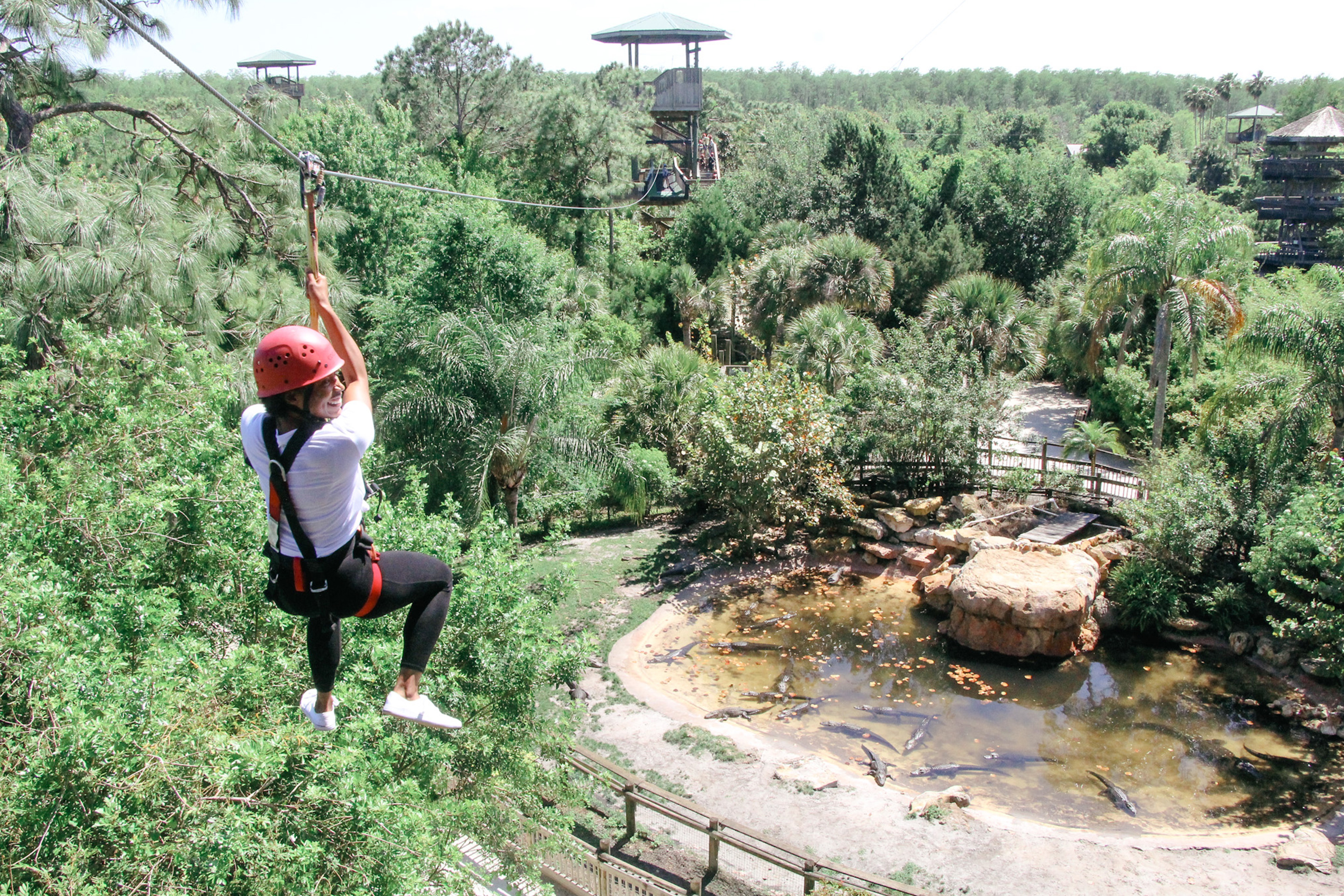 Featured Contributor, Monet, wears a red safety helmet and harness while zip lining over a gator enclosure at Gatorland.