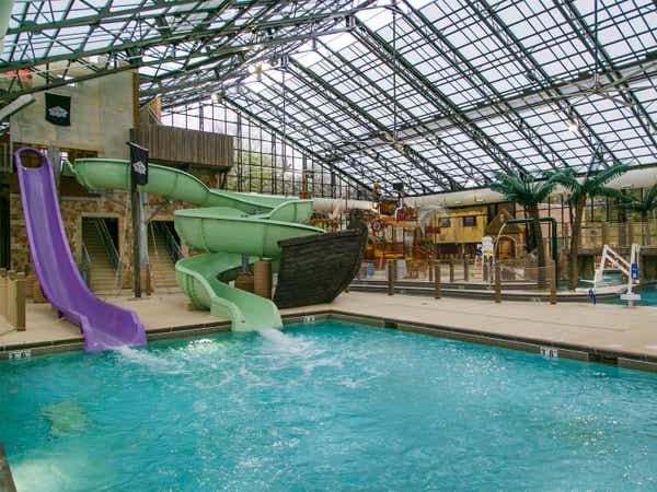 Waterslides in Pirate's Cay Indoor Waterpark at Fox River Resort in Sheridan, Illinois.