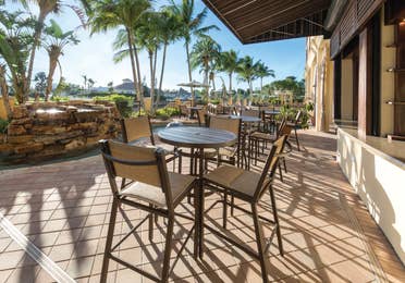 Outdoor seating surrounded by palm trees at Sunset Cove Resort in Marco Island, Florida.