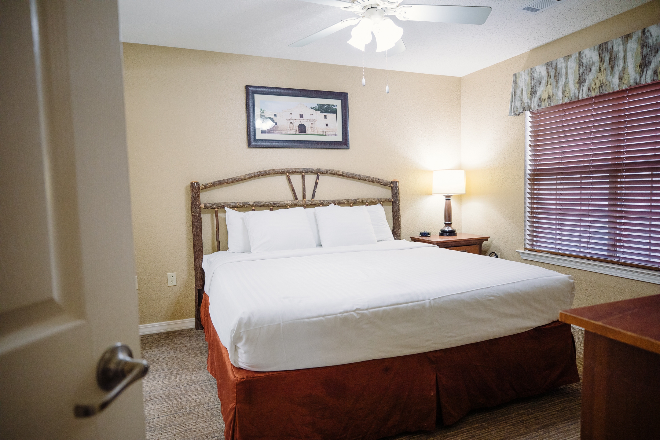 Bedroom in a two-bedroom lodge villa at the Hill Country Resort in Canyon Lake, Texas.