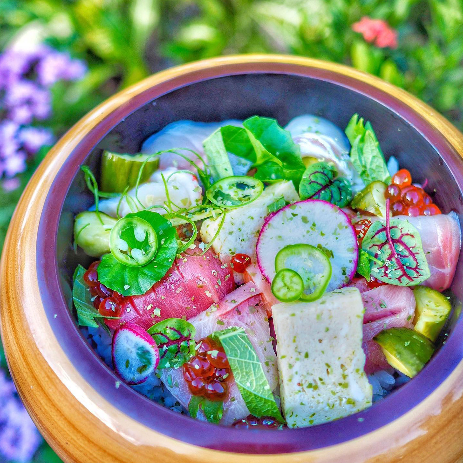 A colorful dish from Kabooki Sushi is held above some lush greenery.