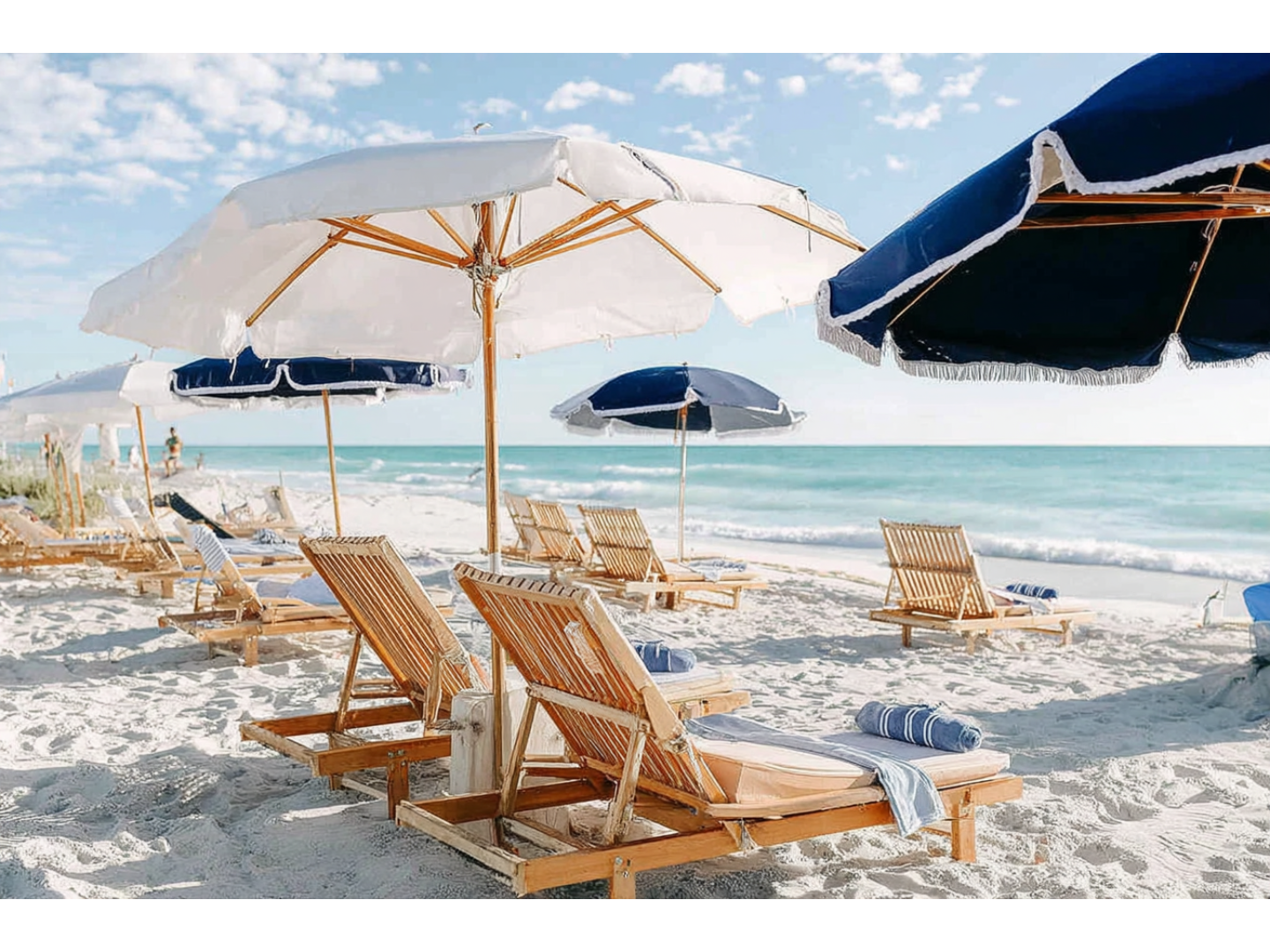 Boutique umbrellas and wooden beach chairs sit unoccupied on sandy bright beach.