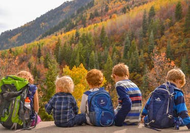 Jessica's kids sitting in front of fall foliage in the Smoky Mountains