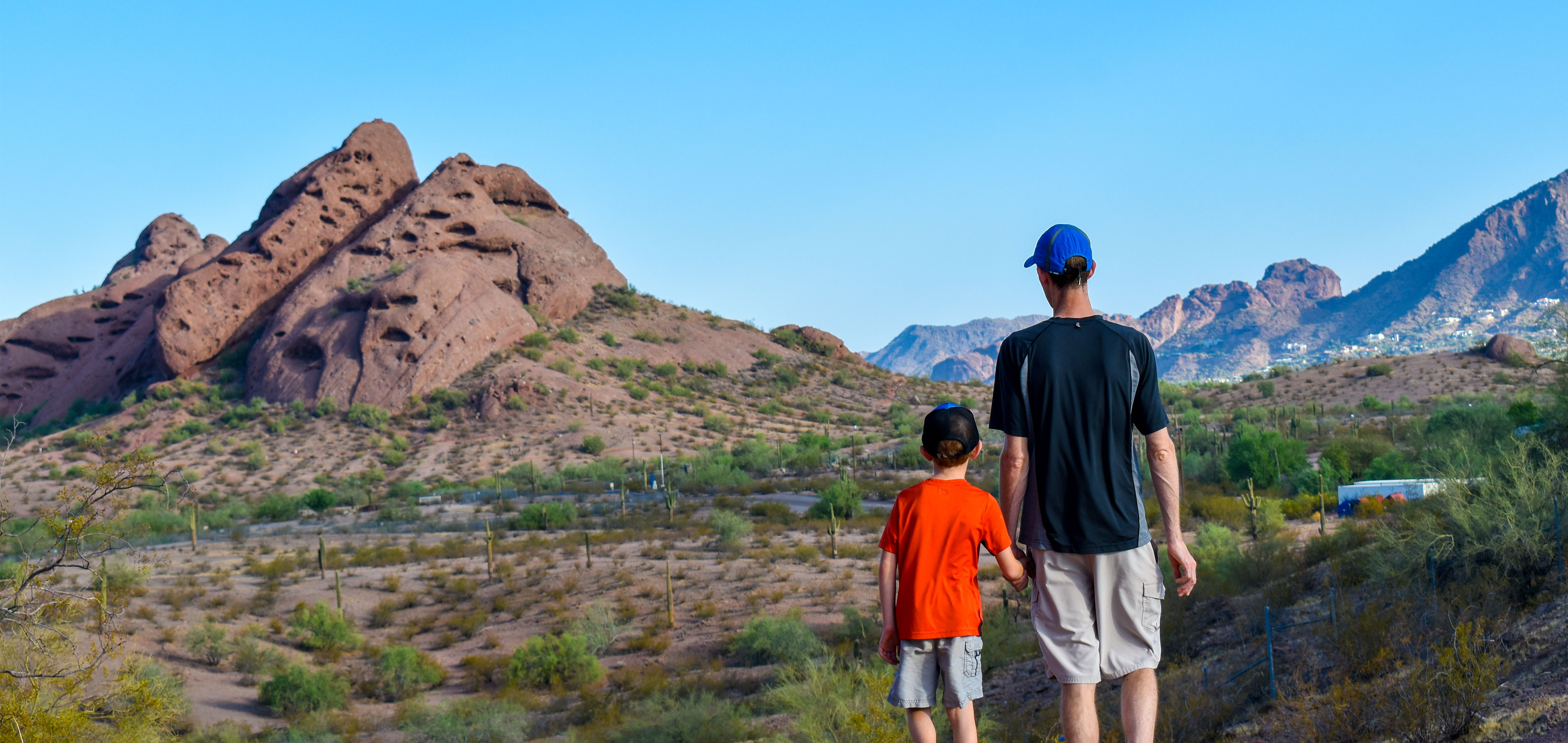 Jessica Averett's husband (right) and son (right) stand looking out at the McDowell Sonoran Preserve in Scottsdale, Arizona.
