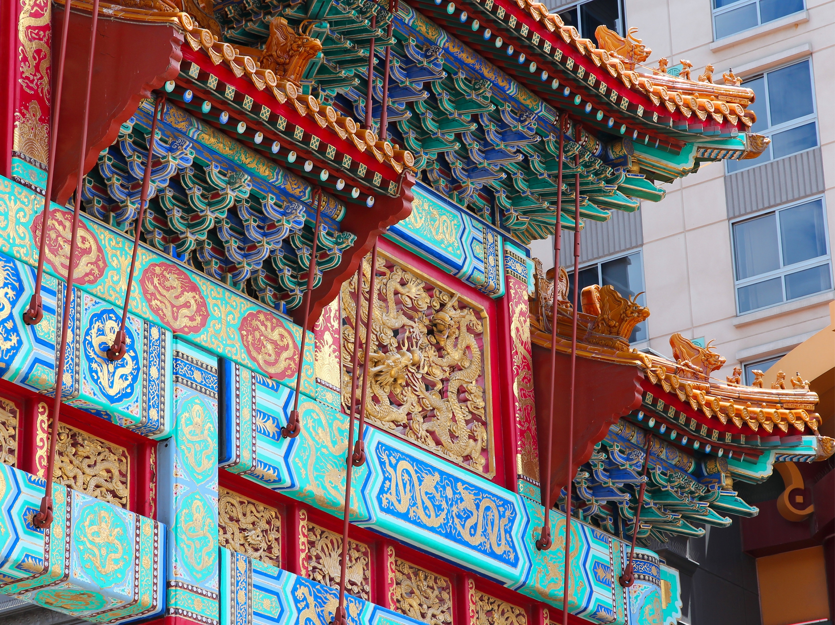 Colorful architectural details at the Chinatown Friendship Archway in Washington, D.C. 