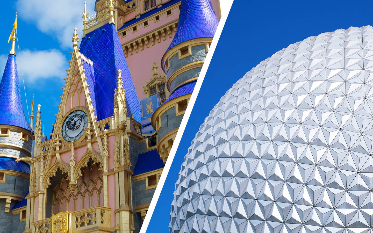 Left: Cinderella's Castle at Magic Kingdom. Right: Spaceship Earth at EPCOT.