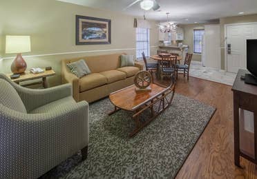 Living room in two-bedroom lodge at the Hill Country Resort in Canyon Lake, Texas.