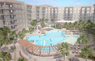 A digital rendering of a resort exterior with a pool, palm trees and guests in swimwear.
