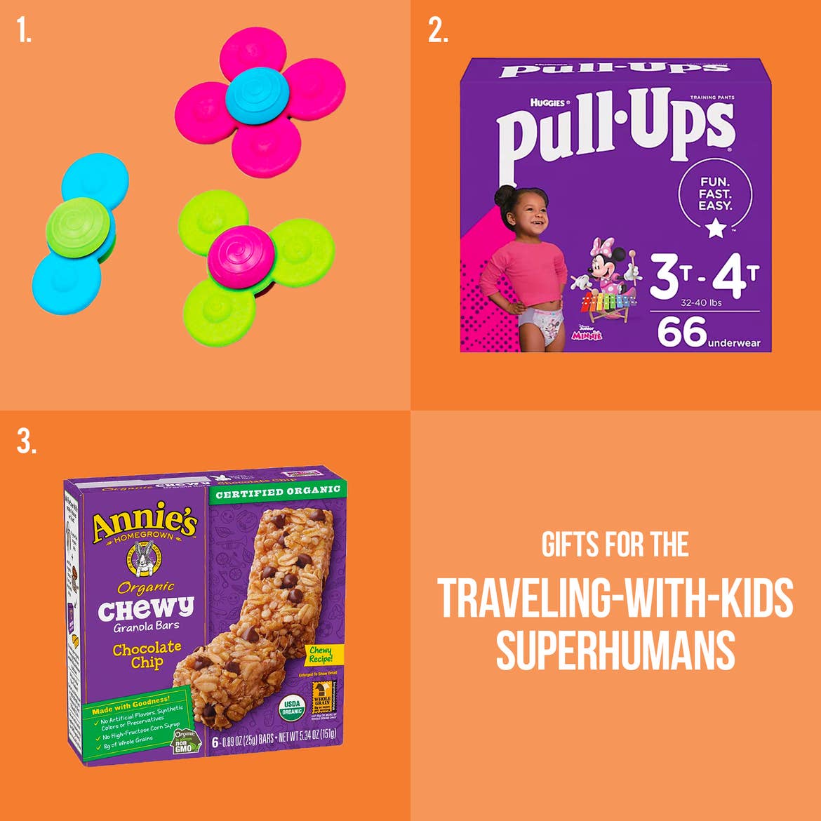 A toddler toy, Pull-Up diapers, and granola bars sit on top of an orange graphic that reads, 'Gifts for the Traveling-with-kids superhumans.'