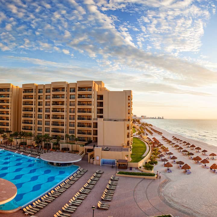 Amazing aerial view at sunset of Royal Sands Resort in Cancun, Mexico.