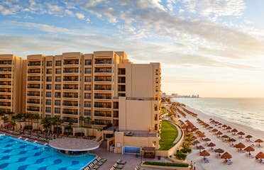 Amazing aerial view at sunset of Royal Sands Resort in Cancun, Mexico.