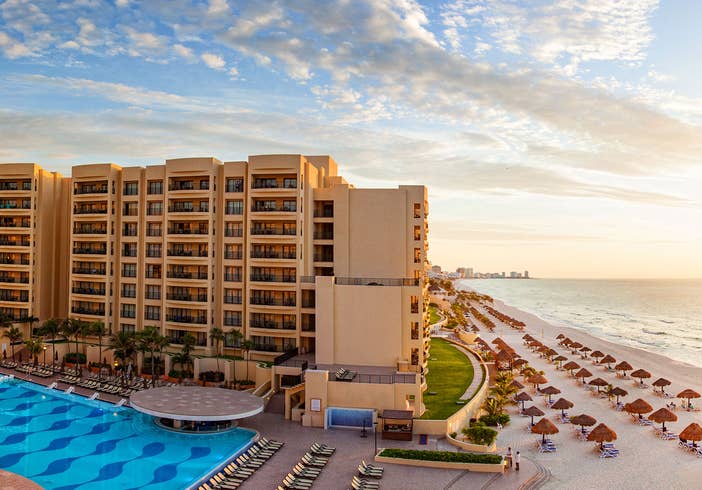 Amazing aerial view at sunset of Royal Sands Resort in Cancun, Mexico.
