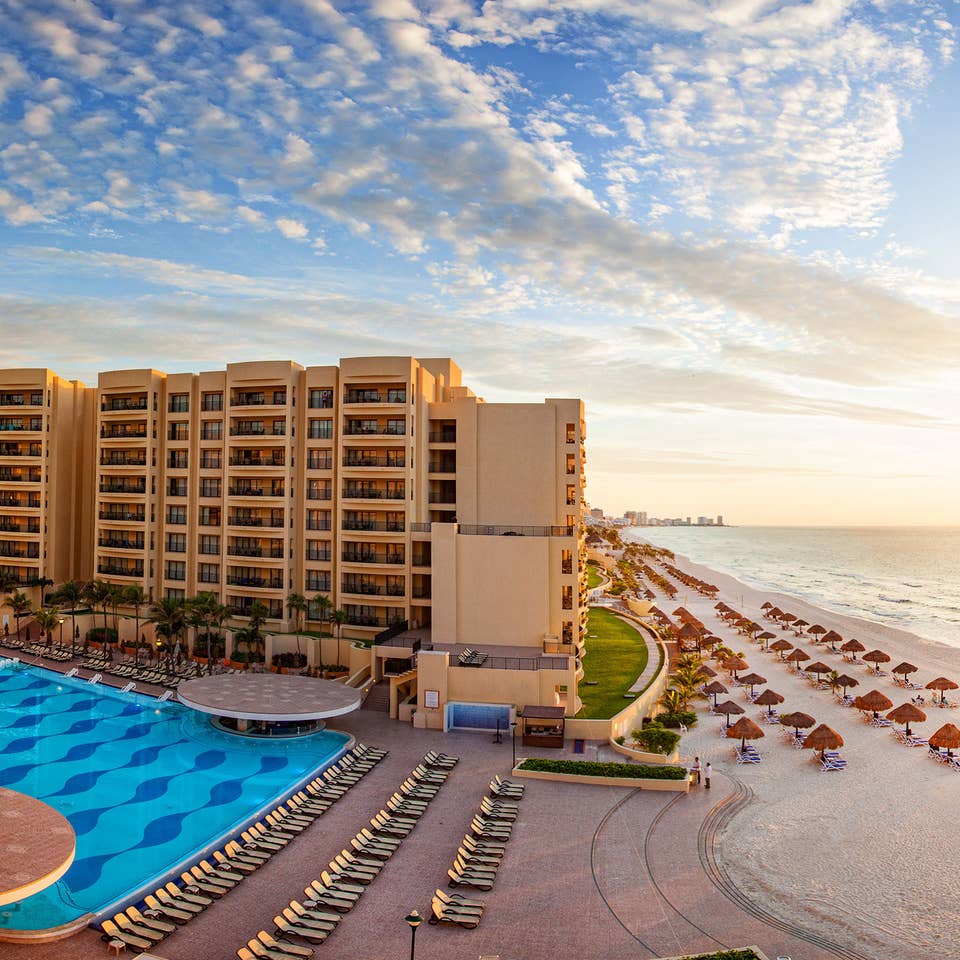 Amazing aerial view at sunset of Royal Sands Resort in Cancun, Mexico.