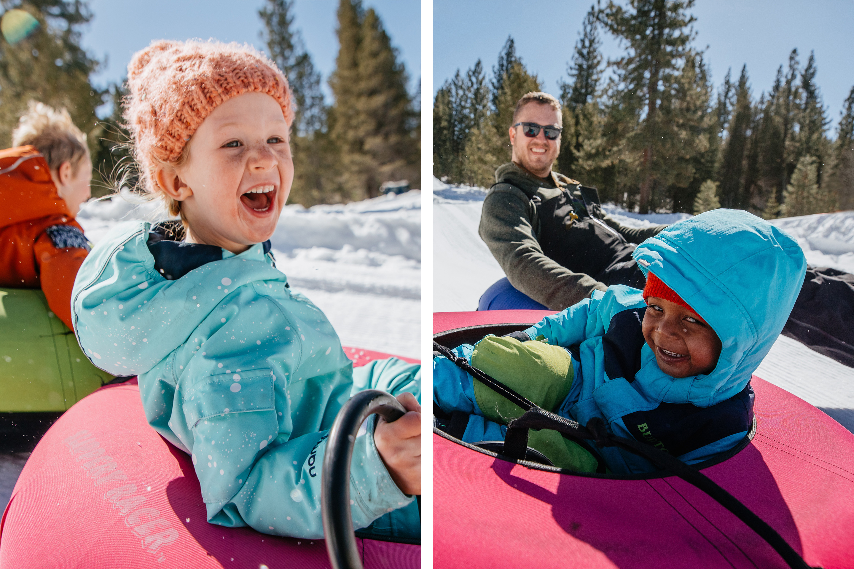 Left: Andrea Rassmussen's daughter is all smiles as she rides a snow tube down the track. Right: Zeke and Andrea's husband are all smiles on the tube track.