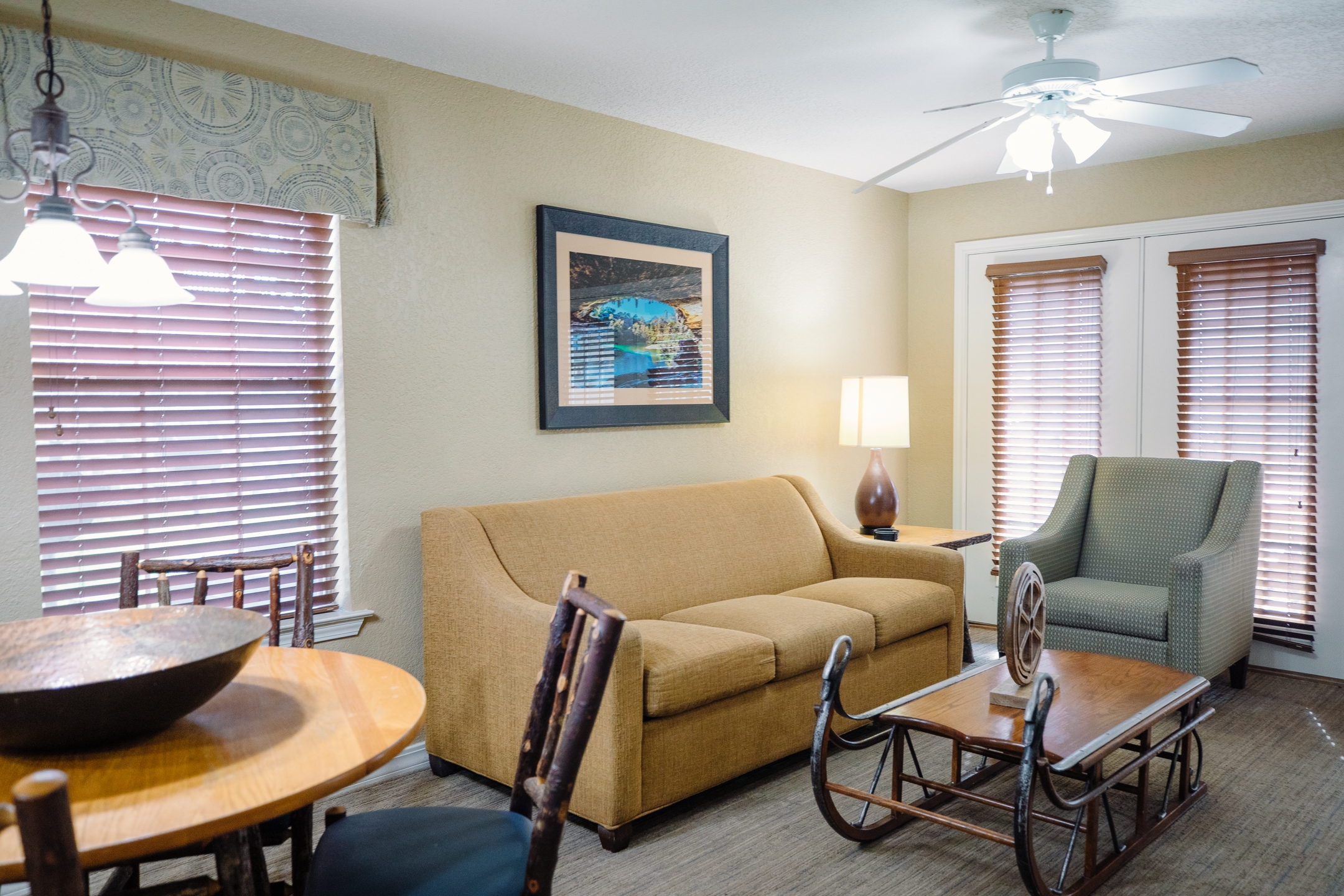 Living room in a two-bedroom lodge villa at the Hill Country Resort in Canyon Lake, Texas.