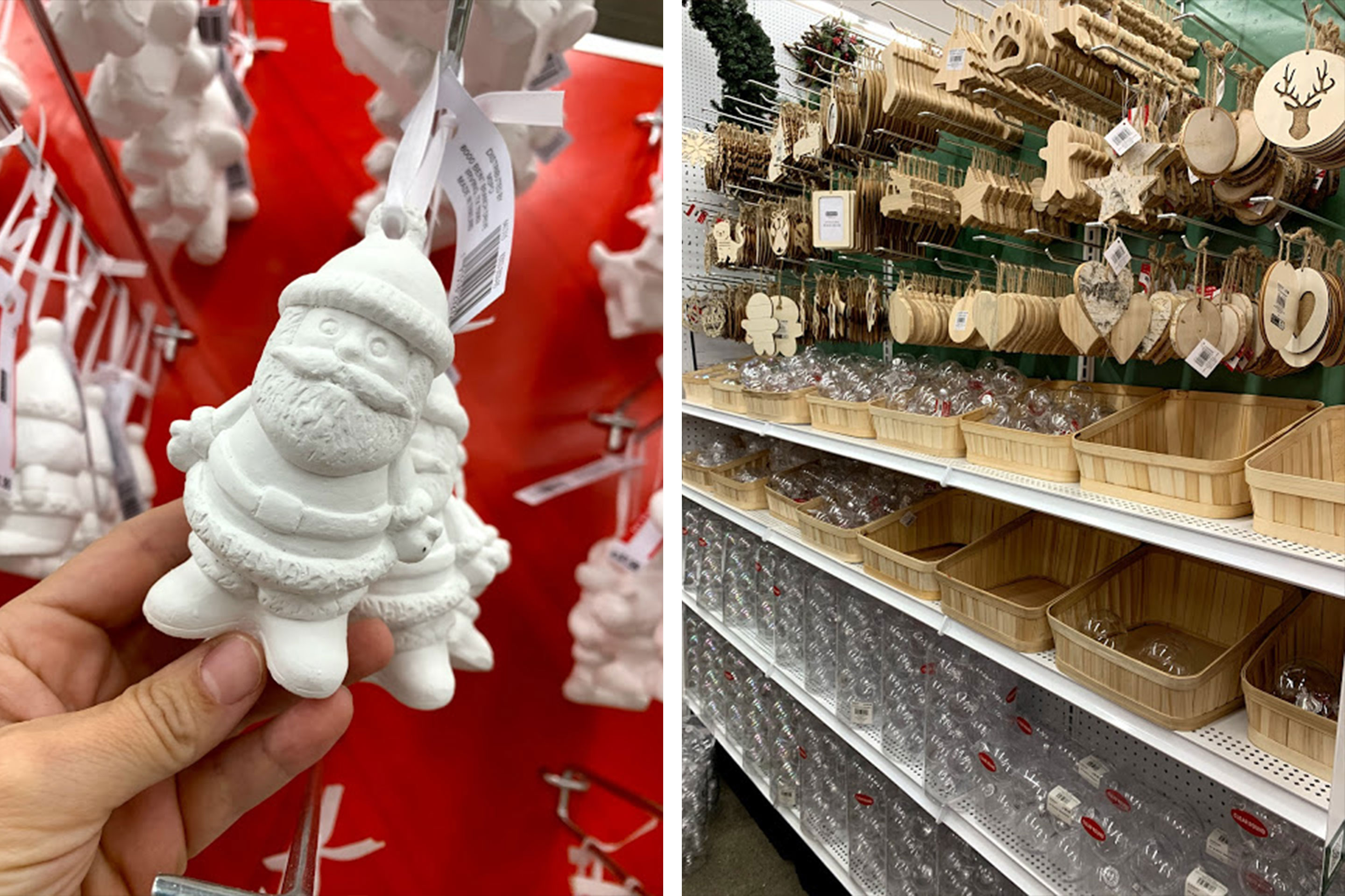 Left: A white Santa Ornament hangs from a store rack waiting to be colored in. Right: Various wood ornaments hang from a store rack awaiting customization.