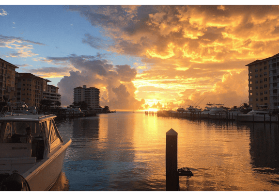 Golden sunset over marina with boats and waterfront buildings.