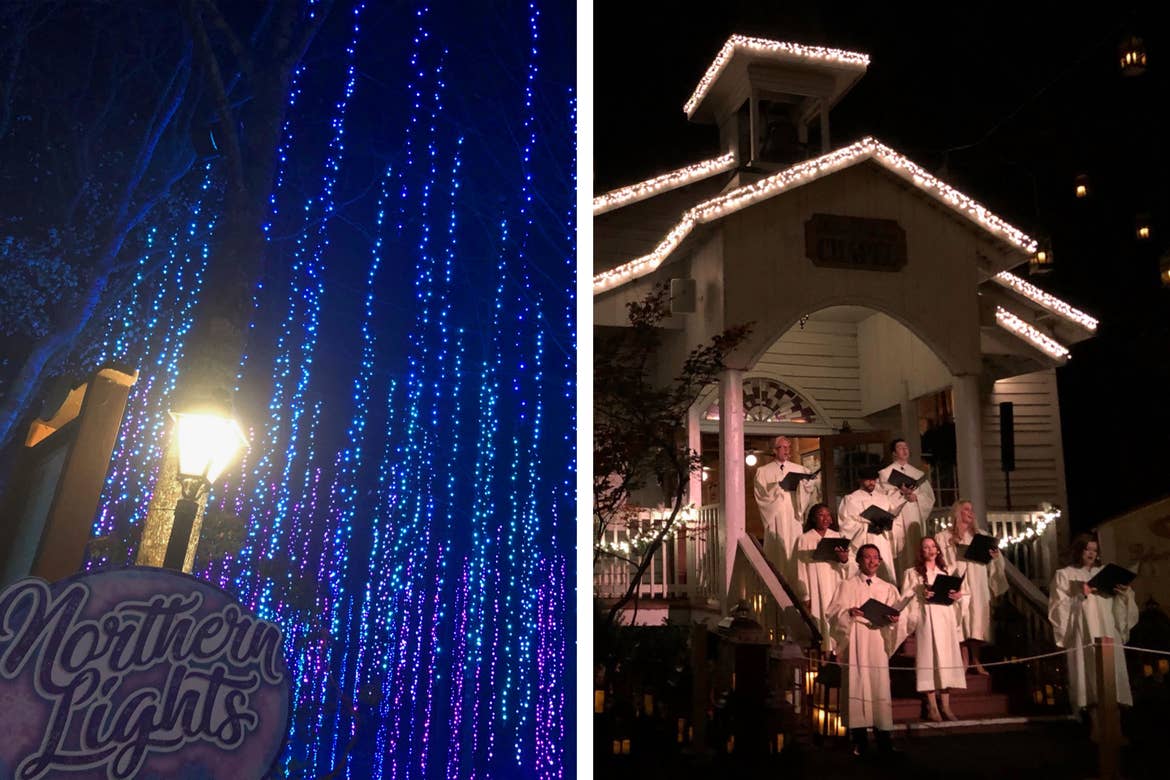 Left: Hanging LED Christmas lights at 'Dollywood.' Right: A white chapel trimmed with LED Christmas lights and choir singers at 'Dollywood.'