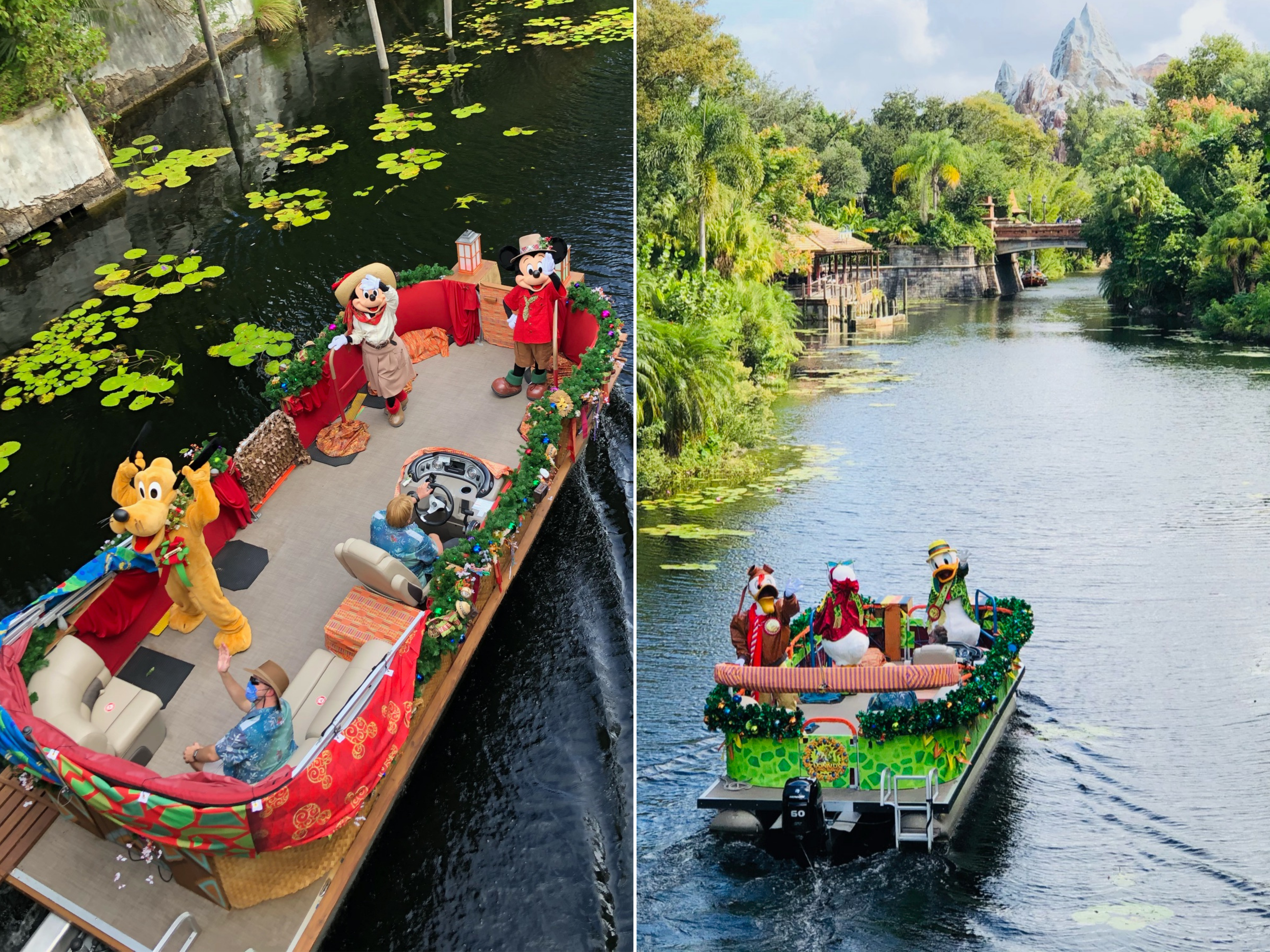 Left: Mickey and Friends Festive Flotilla at Disney's Animal Kingdom Theme Park at Walt Disney World® Resort. Right: Donald’s Dino Bash Festive Flotilla at Disney's Animal Kingdom Theme Park at Walt Disney World® Resort.