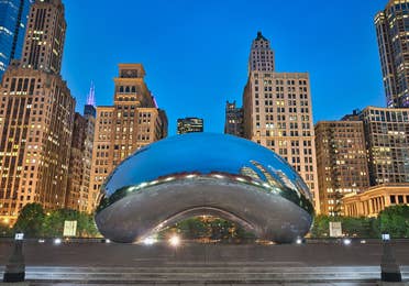 View of "The Bean" at dawn in Millennium Park, Chicago, Illinois