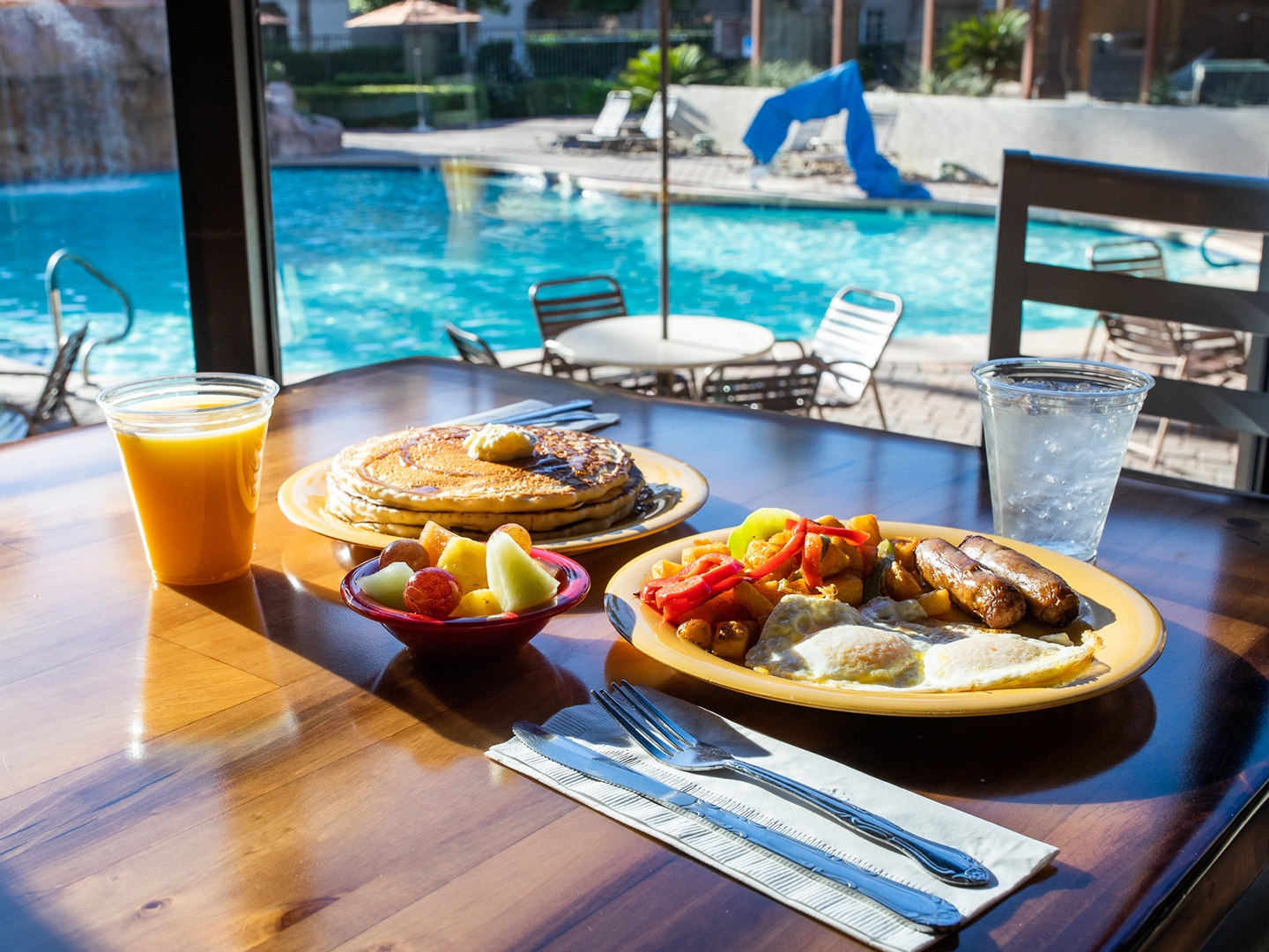 Breakfast with view of outdoor pool at Desert Club Resort in Las Vegas, Nevada.