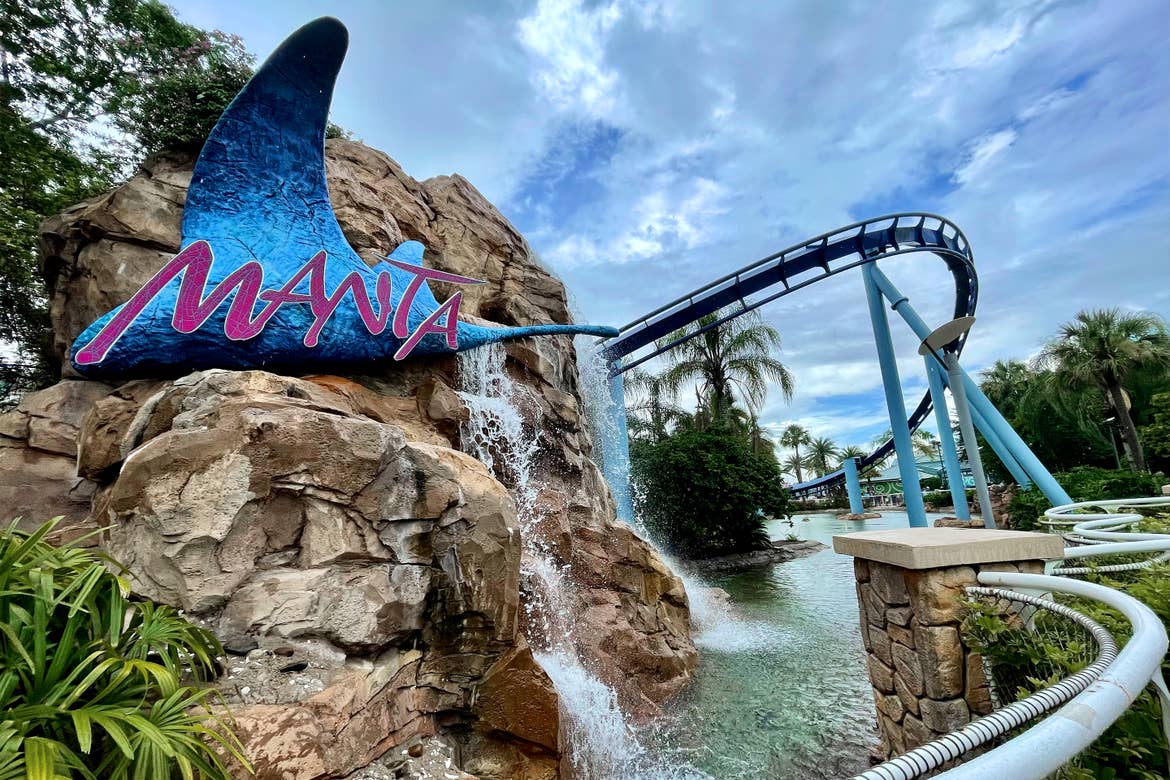 A marquee in the shape of a manta ray that reads, ‘Manta’ near its namesake rollercoaster in SeaWorld Orlando.