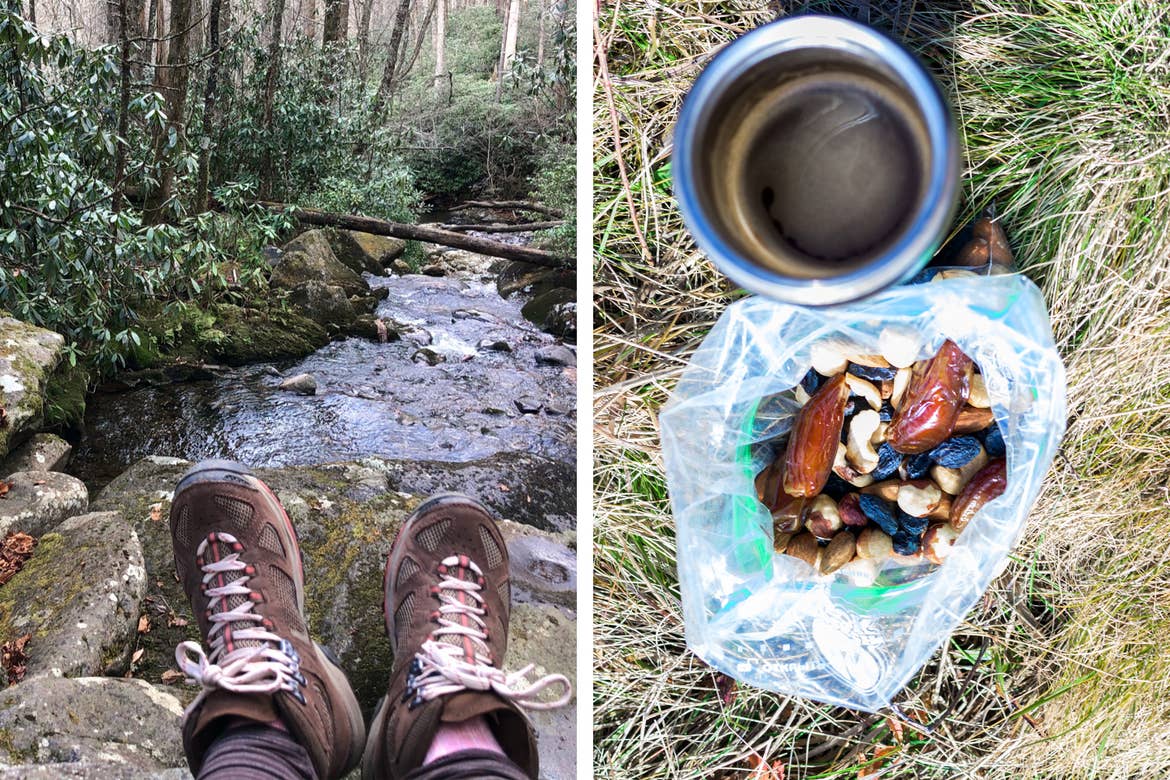 Left: A woman's pair of hiking shoes crossed above a creek in the Great Smoky Mountains National Park. Right: A Ziploc bag full of trail mix placed in a green cup along a green coffee mug on the grass.