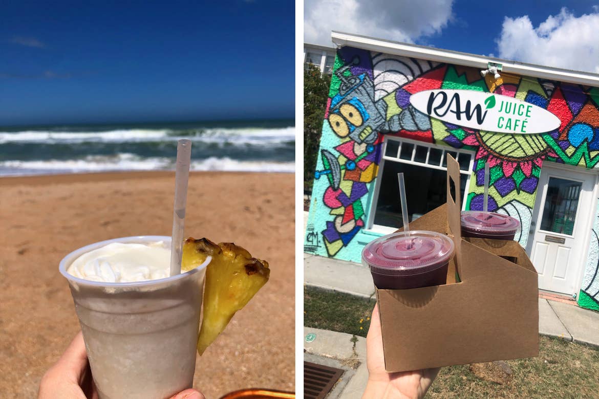 Left: A delicious Pina Colada from Golden Lion is held in front of the beach. Right: A few Acai Berry Smoothies are held in a carrying carton in front of Raw Cafe Juice exterior.