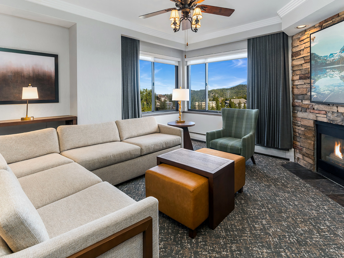 Living area with an outdoor view in a Ridge Tahoe villa at Tahoe Ridge Resort